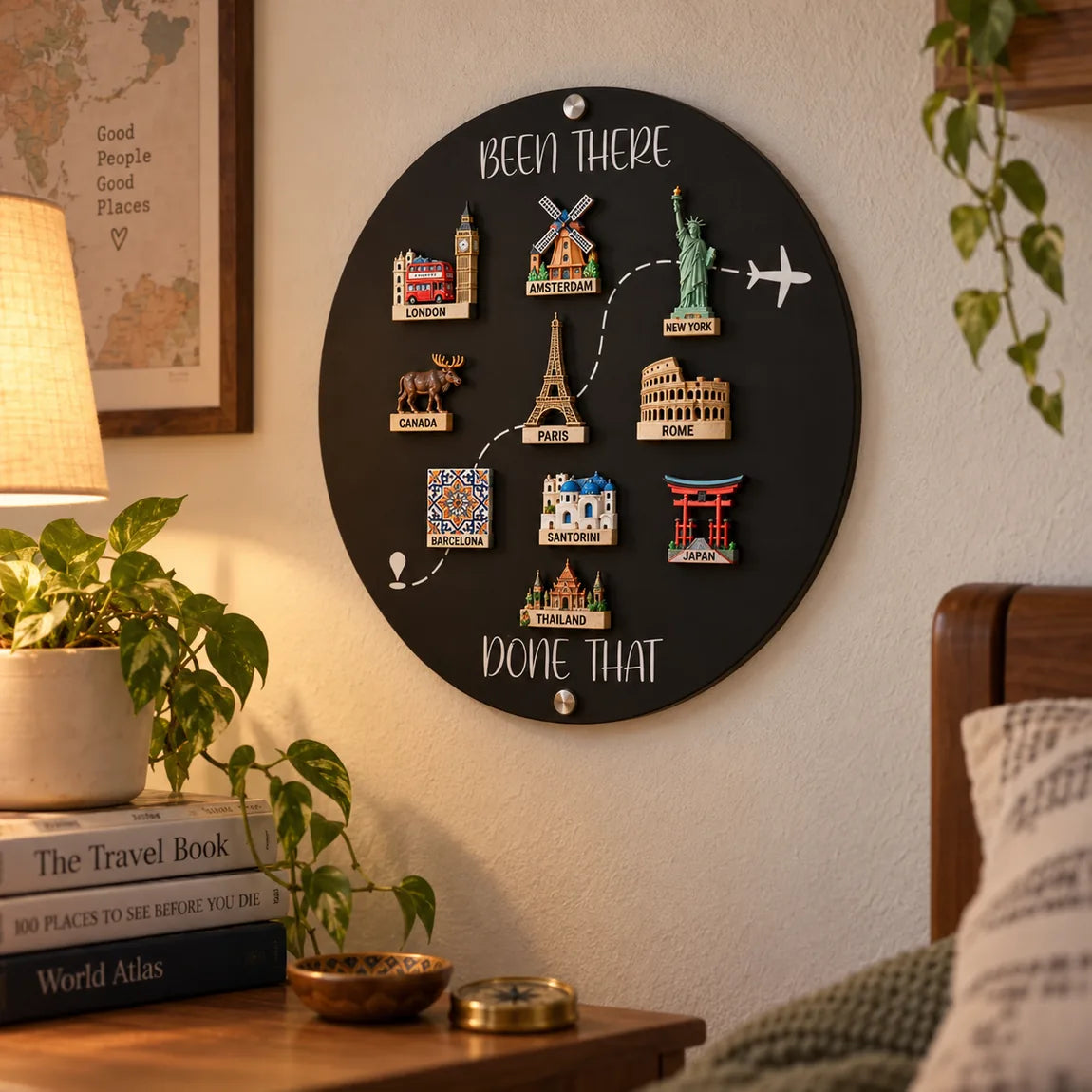 Black circular travel magnet display in a cozy living room