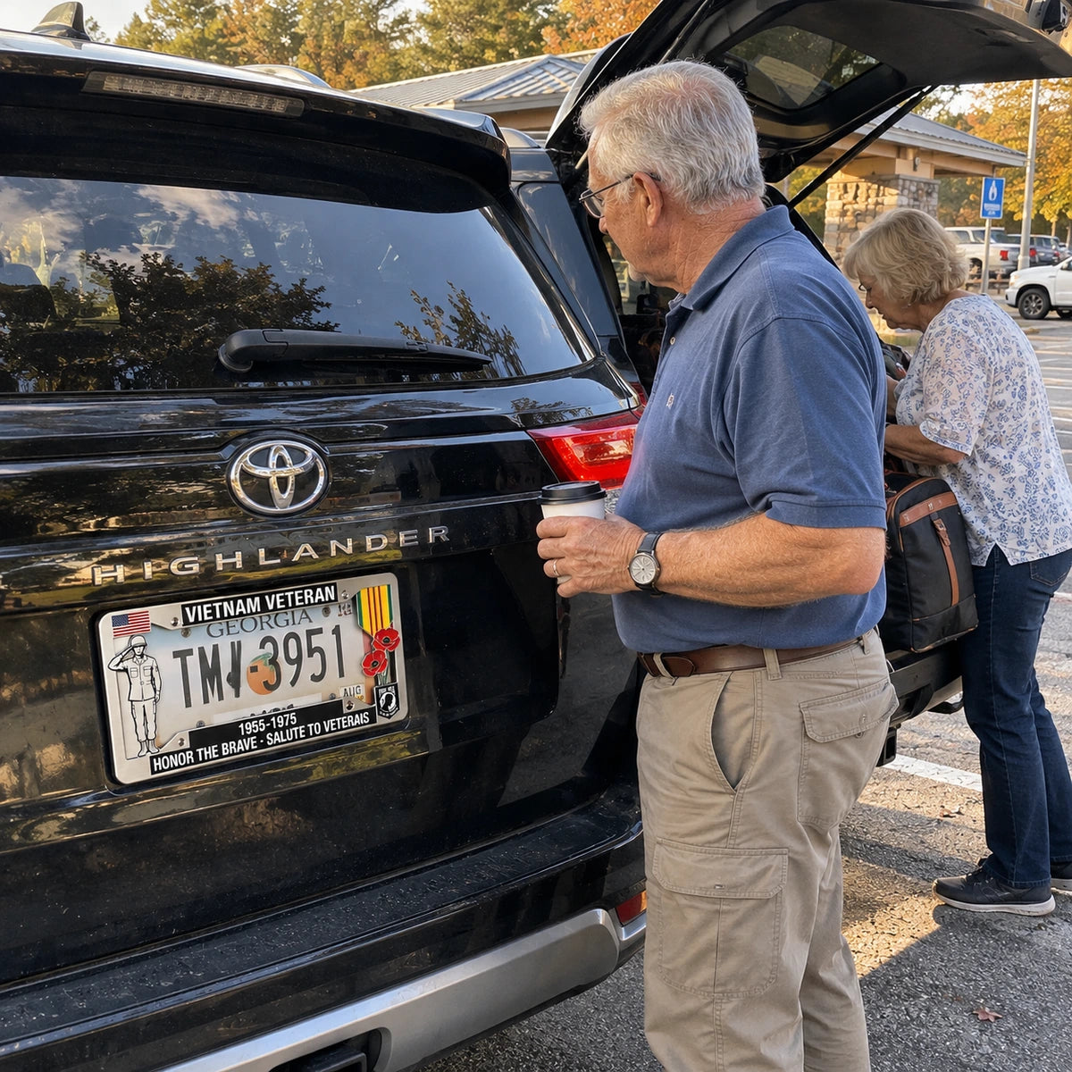 Vietnam Veteran frame on an SUV during a road trip stop