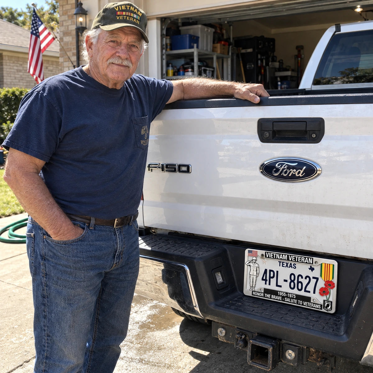 Vietnam Veteran tribute frame displayed on a pickup at home