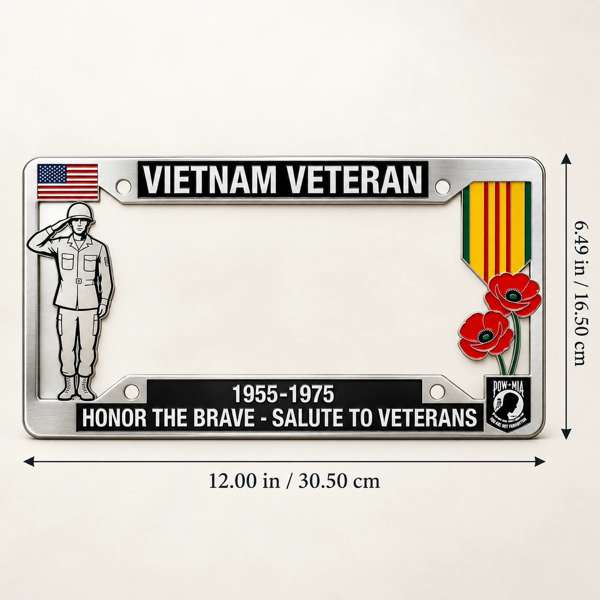 Dimension illustration for Vietnam Veteran license plate frame