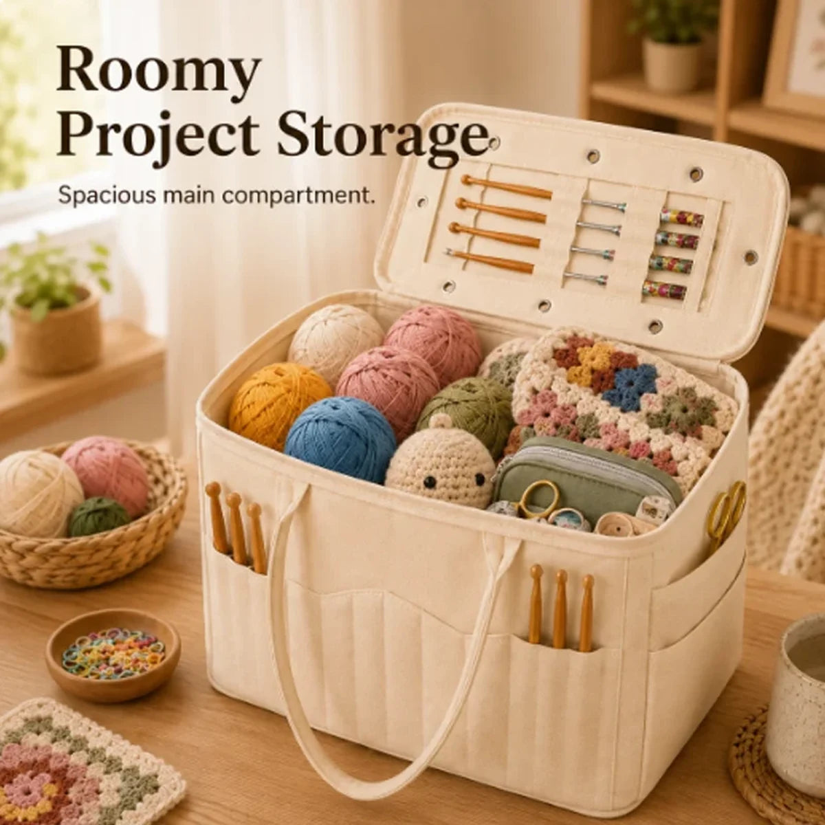 Large canvas yarn organizer holding yarn balls and crochet projects
