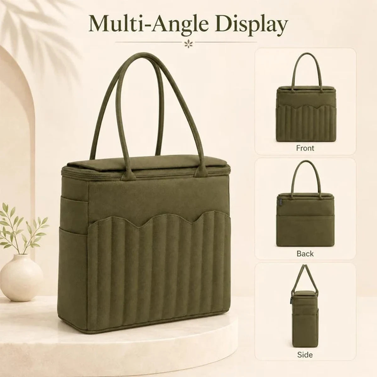 Olive green canvas yarn storage bag shown from multiple angles