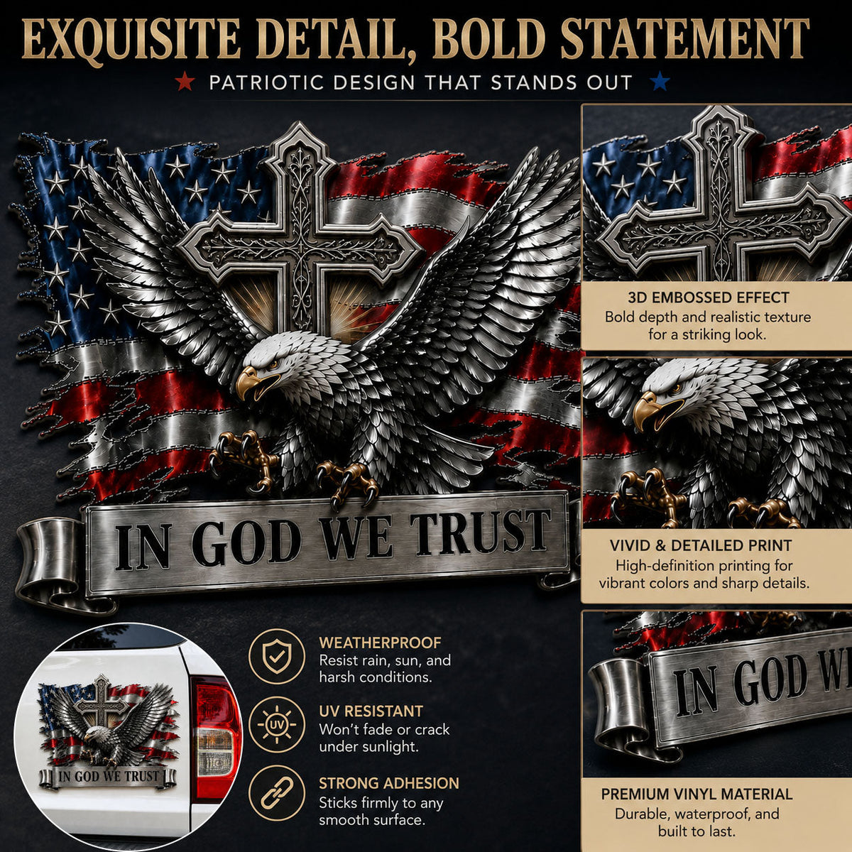 🦅 In God We Trust Bald Eagle American Flag Car Emblem Badge